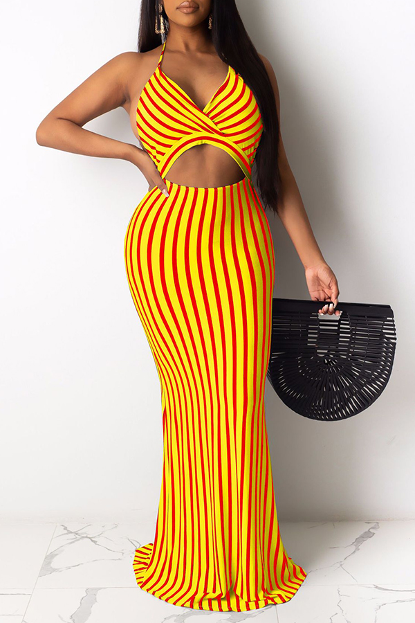 

Lovely Sexy Striped Yellow Maxi Dress