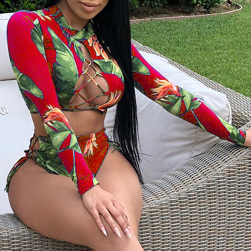 

Lovely Plants Print Red Two-piece Swimsuit