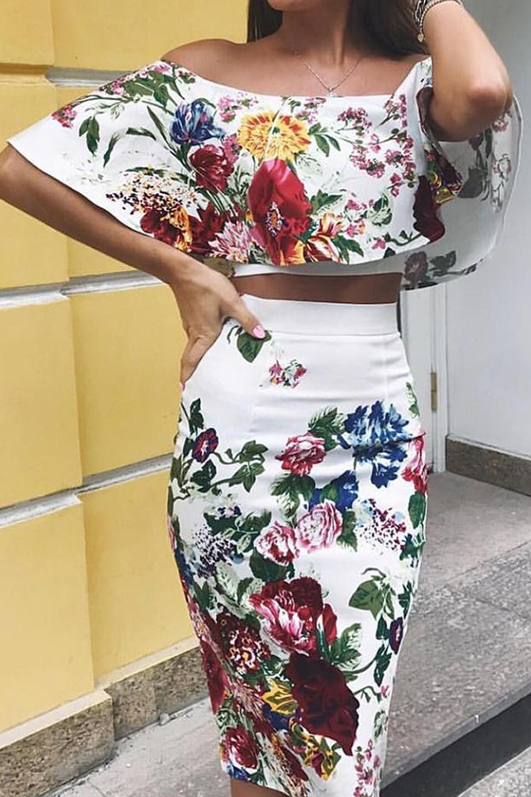 

Lovely Trendy Print White Two-piece Skirt Set
