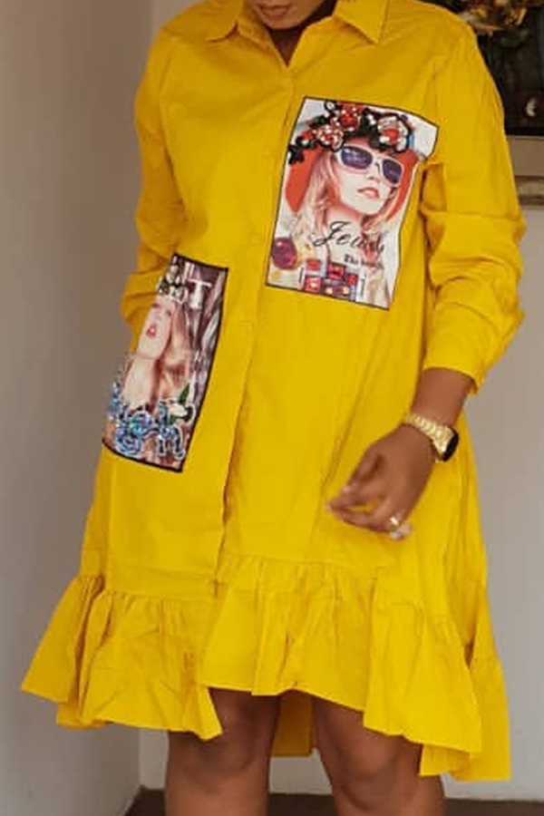 

Lovely Trendy Print Yellow Knee Length Dress