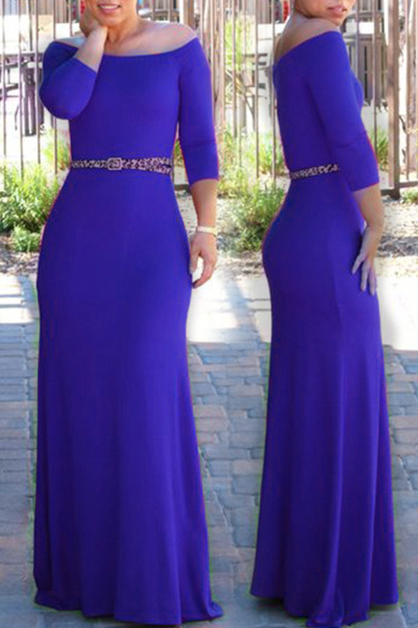 

Lovely Bohemian Dew Shoulder Blue Maxi Dress