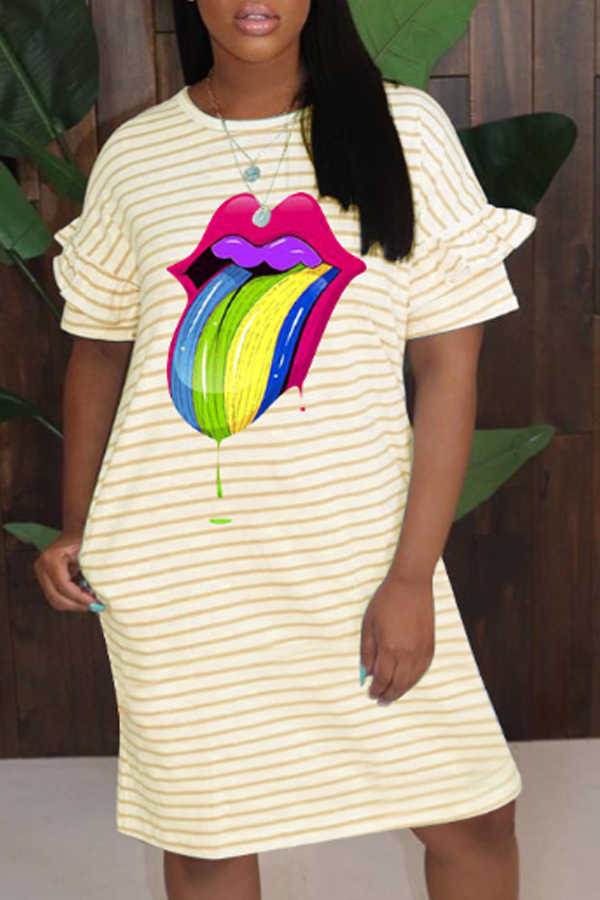 

Lovely Casual Striped Print Yellow Knee Length Dress, Yellow stripes