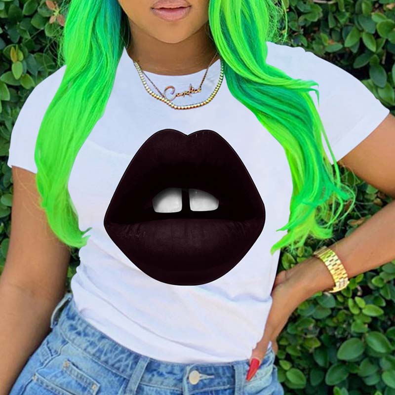

Lovely Leisure O Neck Lip Print White Plus Size T-shirt