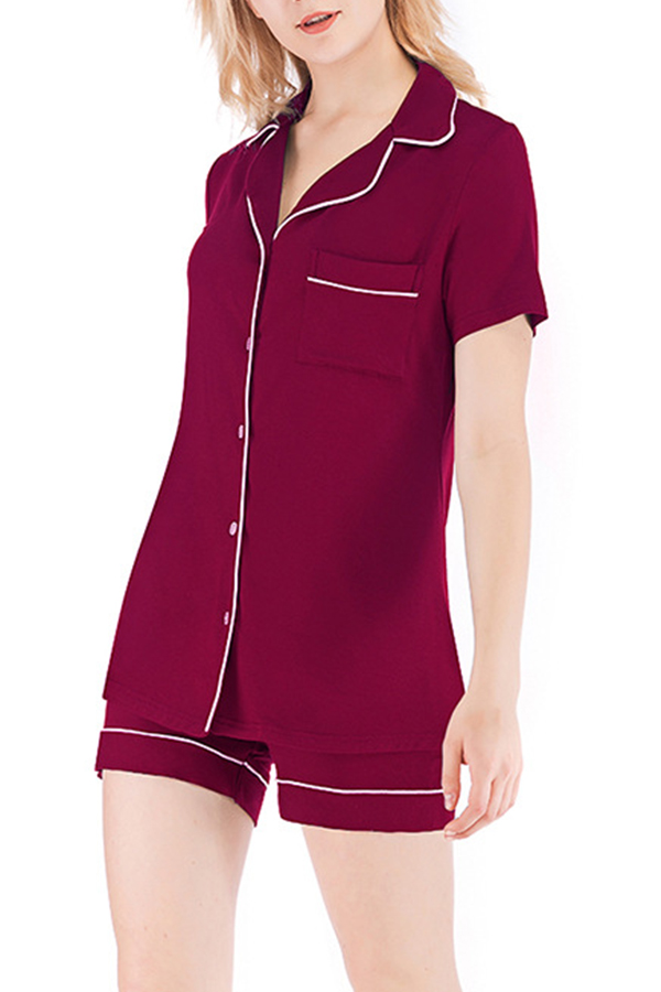 

Lovely Casual Buttons Design Wine Red Loungewear