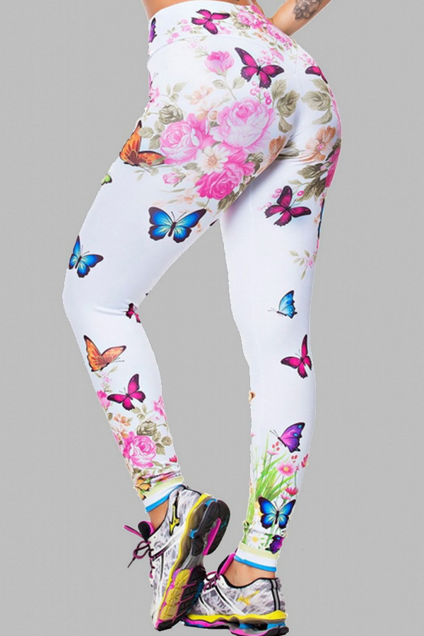 

Lovely Sportswear Butterfly Print White Plus Size Pants