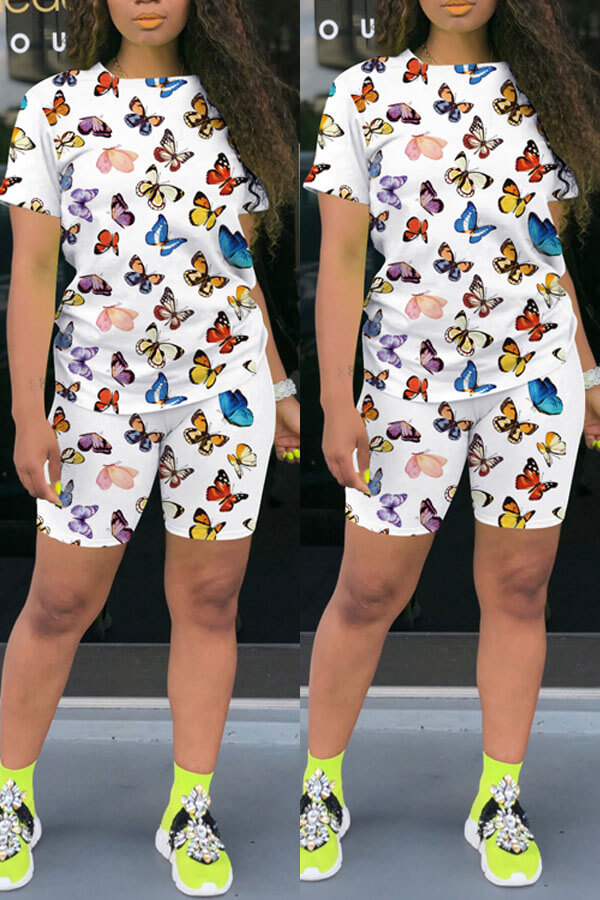 

Lovely Casual Butterfly Print White Two-piece Shorts Set