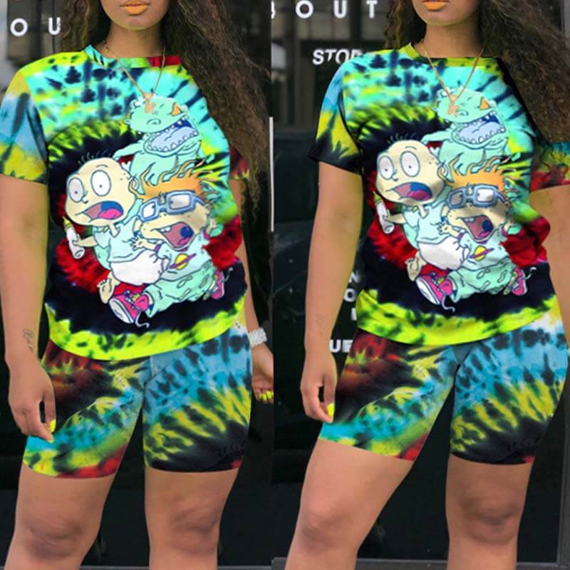 

Lovely Casual Cartoon Print Black Plus Size Two-piece Shorts Set