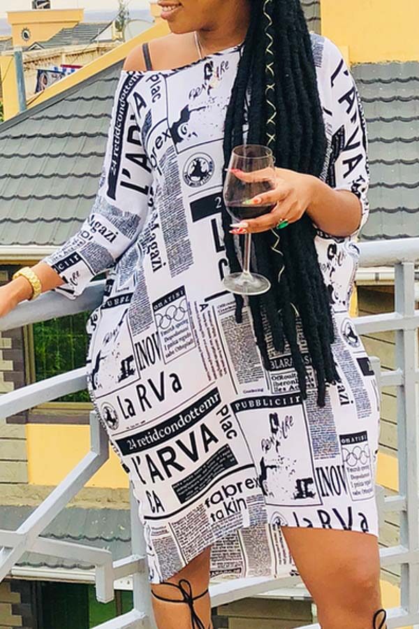 

LW Plus Size Casual Print White Knee Length Dress