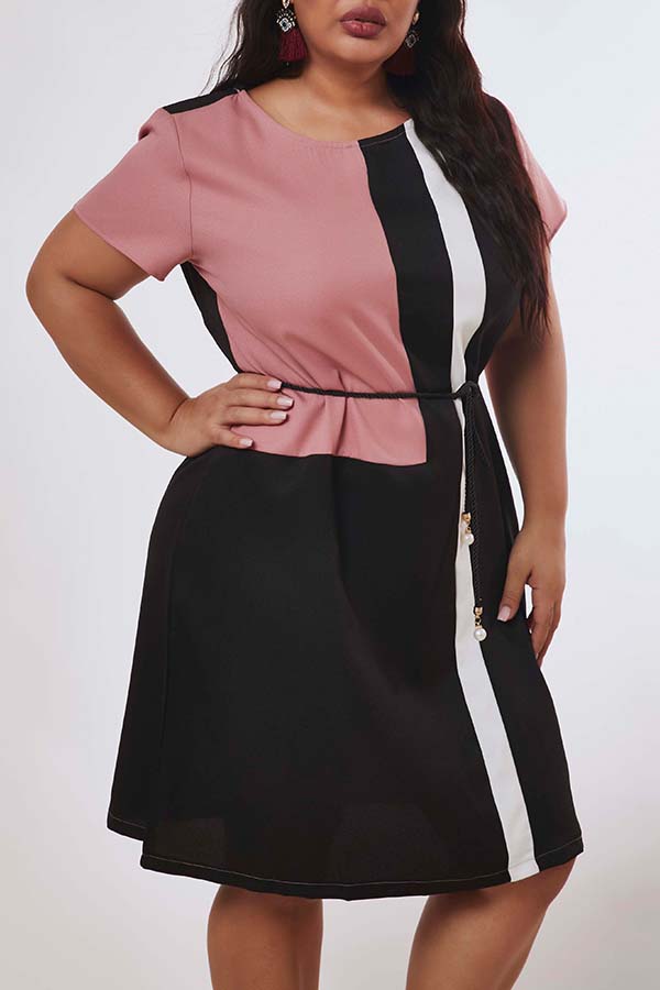 

Lovely Casual O Neck Patchwork Pink Knee Length Plus Size Dress