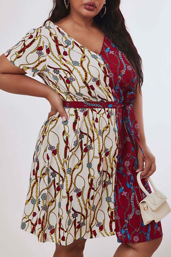 

Lovely Trendy V Neck Print Red Knee Length Plus Size Dress