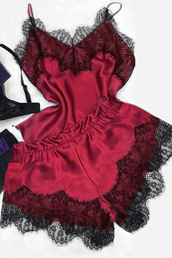 

Lovely Sexy Lace Hem Wine Red Sleepwear