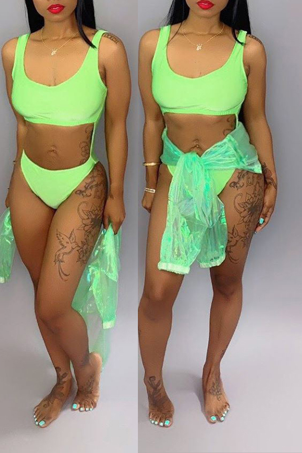 

Lovely Basic Green Two-piece Swimsuit(Three-piece