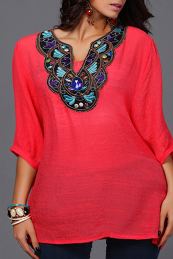 

Lovely Casual Patchwork Red Plus Size T-shirt