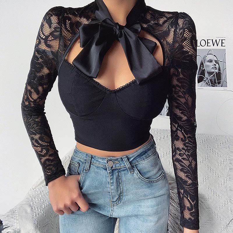 

Lovely Trendy Lace Patchwork Black Blouse