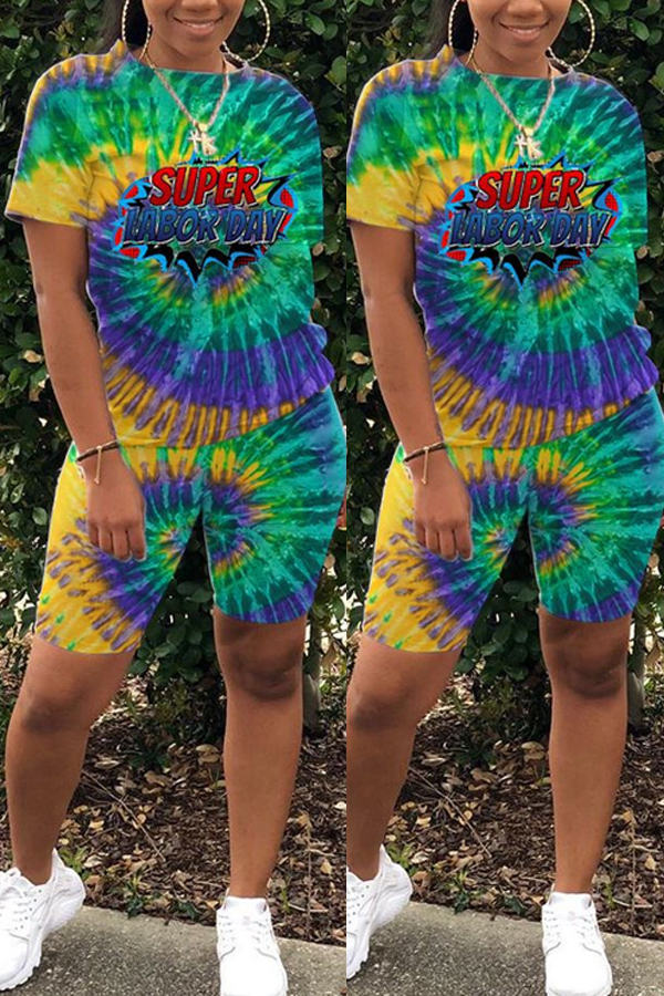 

Lovely Casual Tie-dye Green Two-piece Shorts Set