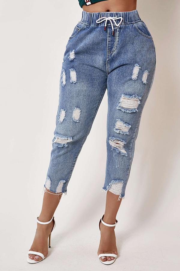 

Lovely Trendy Broken Holes Blue Jeans