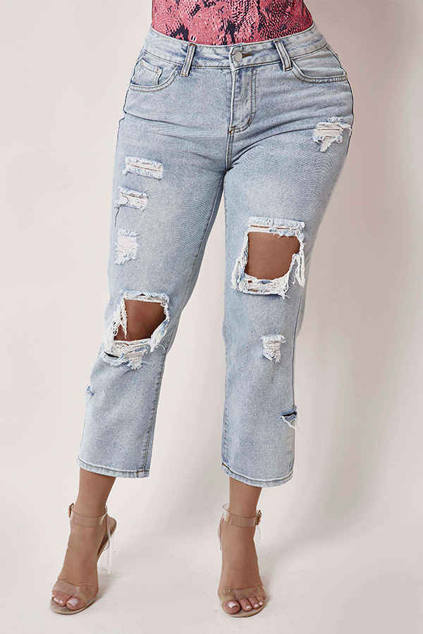 

Lovely Trendy Hollow-out Blue Jeans