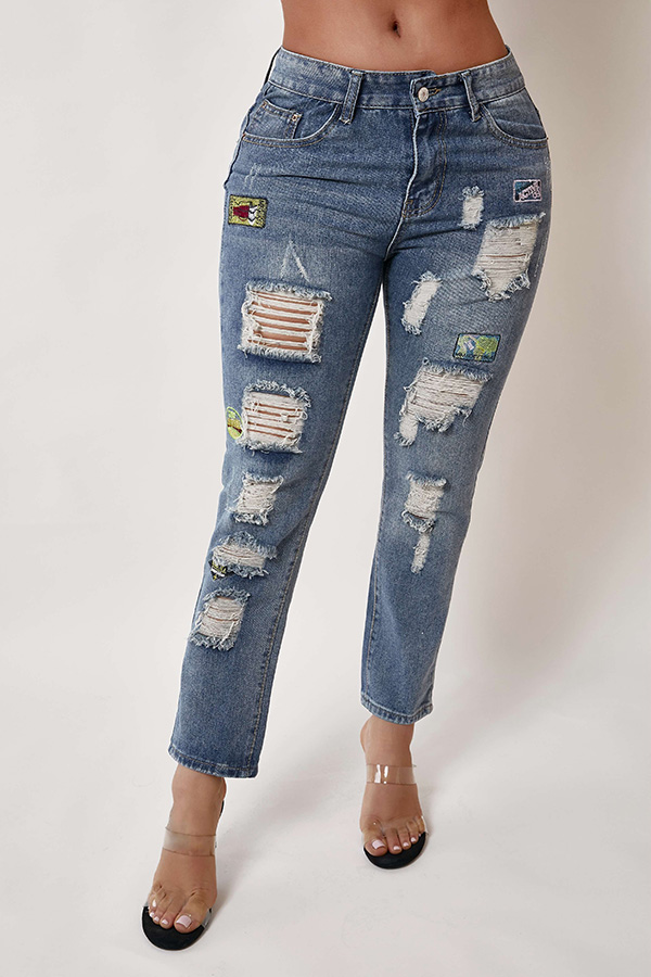 

Lovely Trendy Broken Holes Blue Jeans