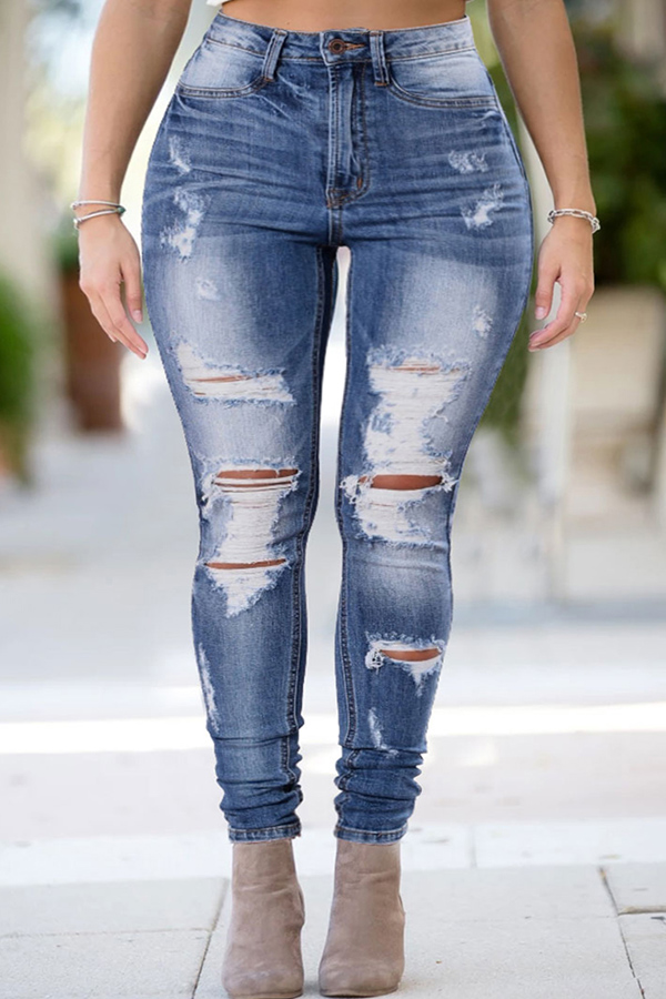 

Lovely Casual Broken Holes Blue Plus Size Jeans