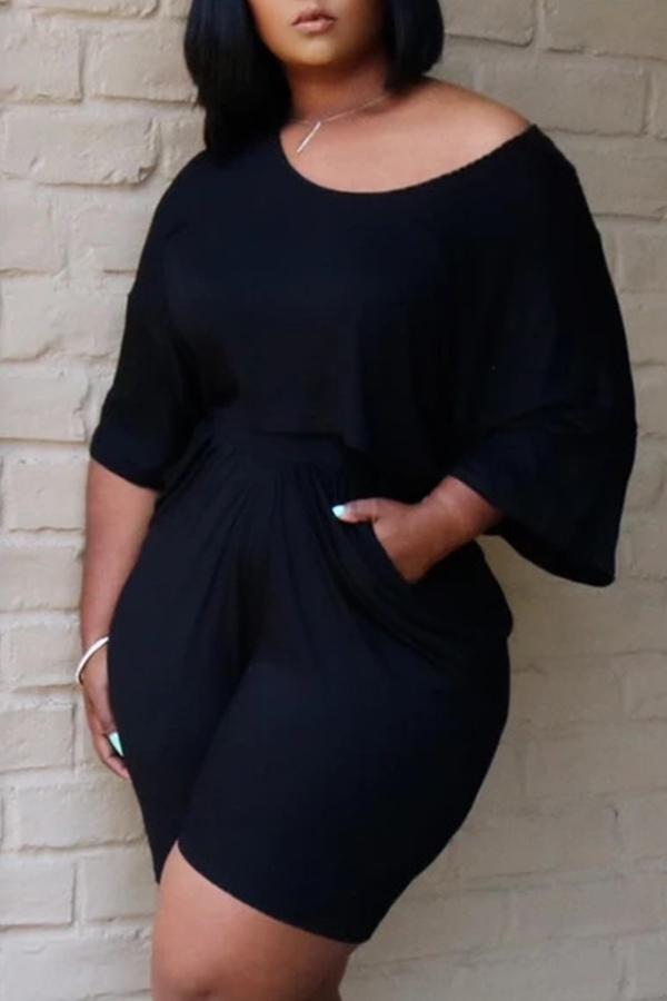 

Lovely Leisure Fold Design Black Plus Size Two-piece Shorts Set