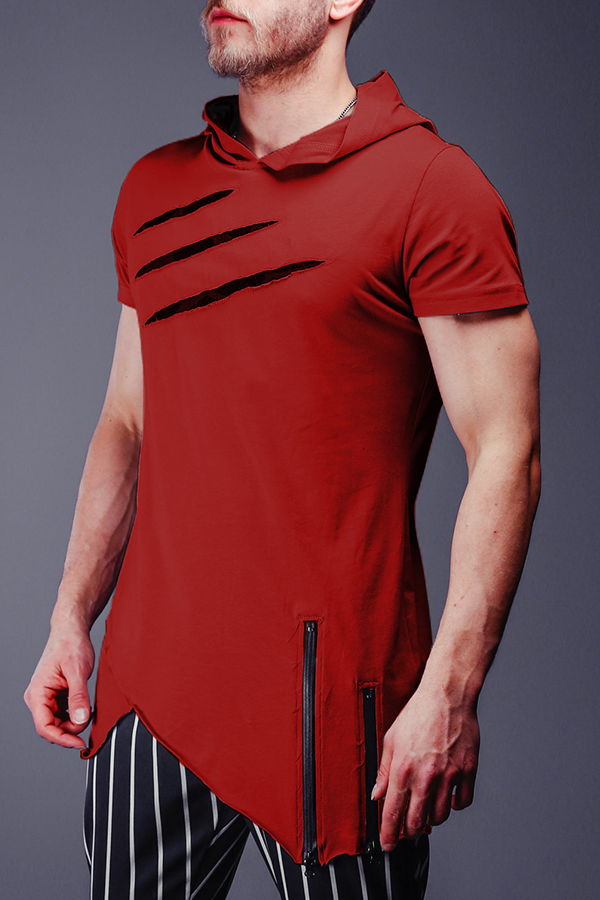 

Lovely Leisure Hooded Collar Zipper Design Red T-shirt