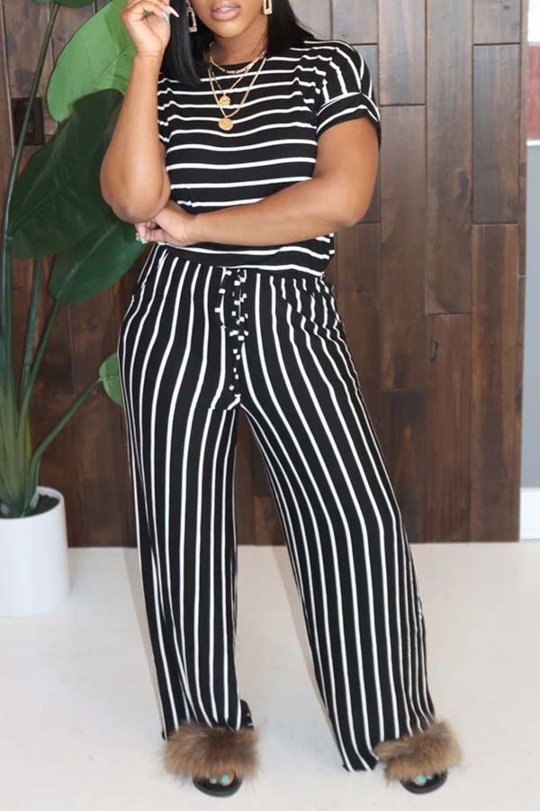 

Lovely Leisure Striped Black Plus Size Two-piece Pants Set, Black stripe