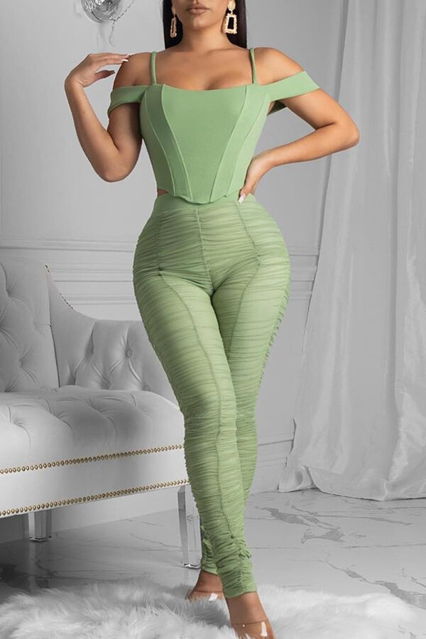 

Lovely Trendy Fold Design Green Two-piece Pants Set