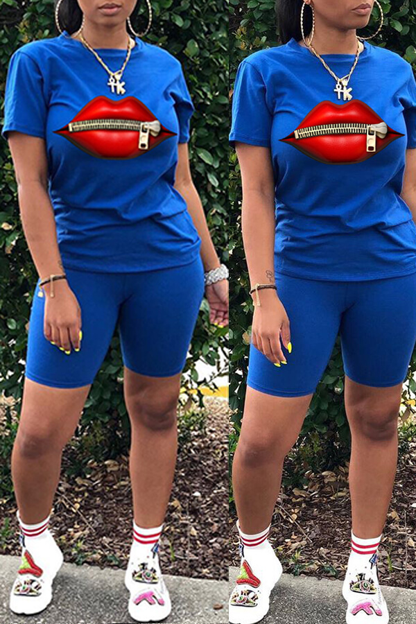 

Lovely Casual Lip Print Royalblue Two-piece Shorts Set