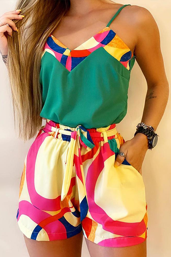 Lovely Stylish Print Multicolor Two-piece Shorts Set