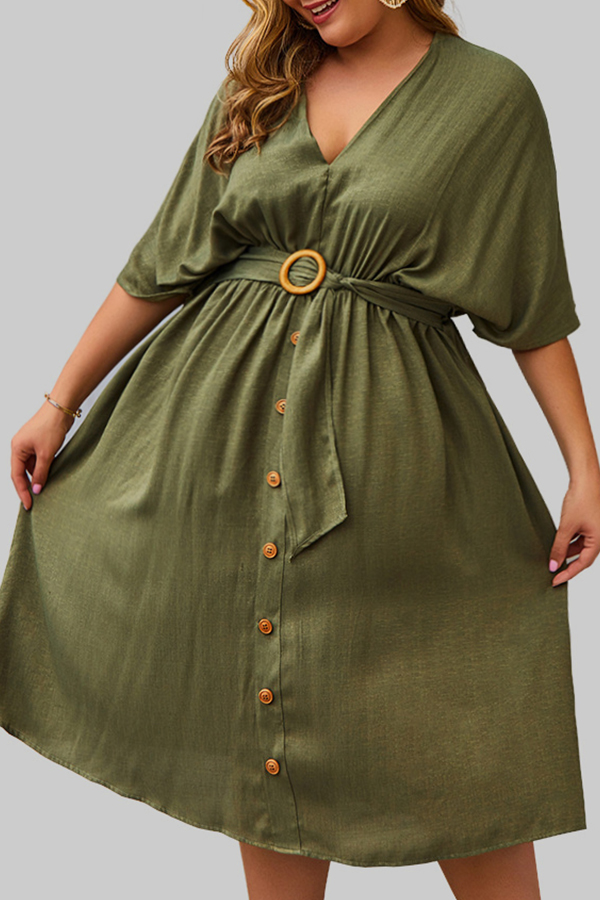 

Lovely Trendy Buttons Design Green Knee Length Plus Size Dress