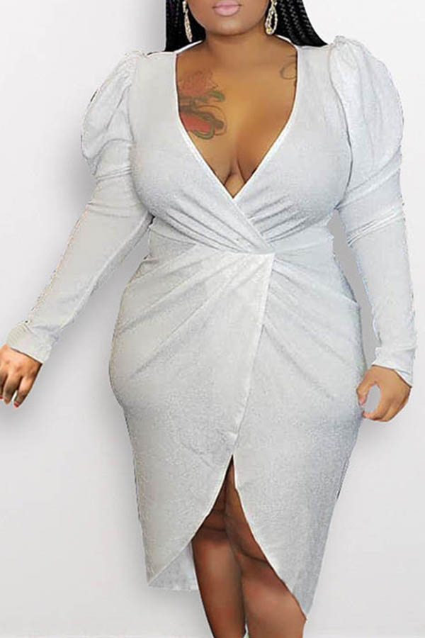 

Lovely Sexy Deep V Neck Knot Design Silver Mid Calf Plus Size Dress