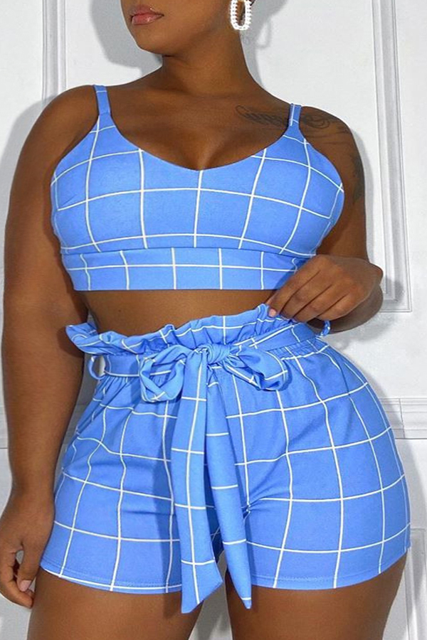 

Lovely Plus Size Trendy Grid Blue Two-piece Shorts Set