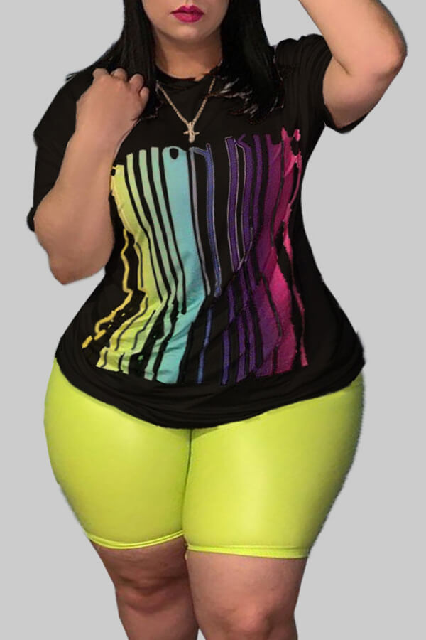 

Lovely Plus Size Casual Striped Print Black Two-piece Shorts Set