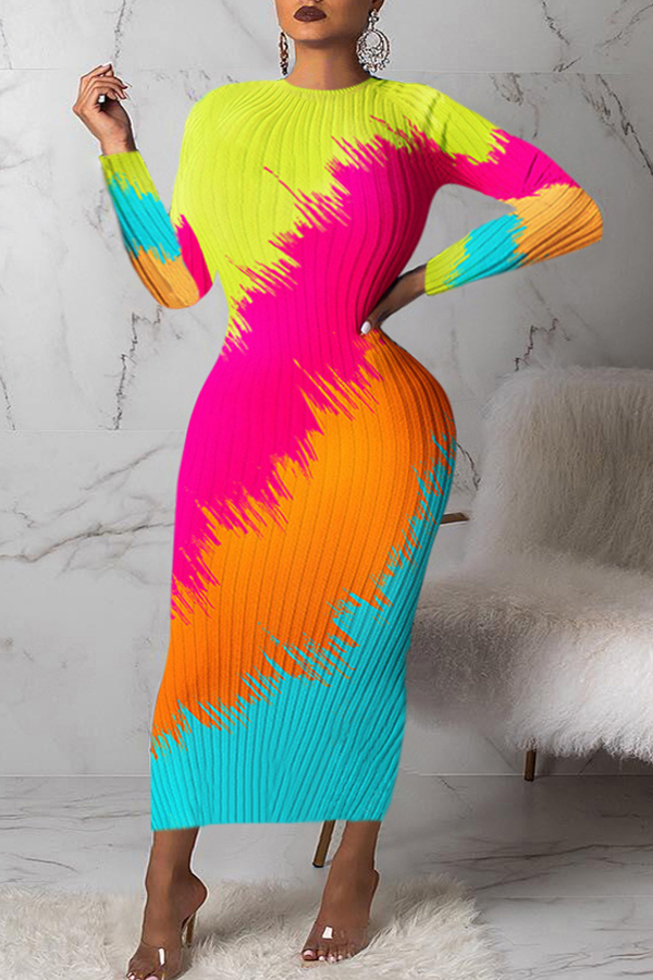 

Lovely Casual Color-lump Patchwork Multicolor Mid Calf Plus Size Dress, Multi