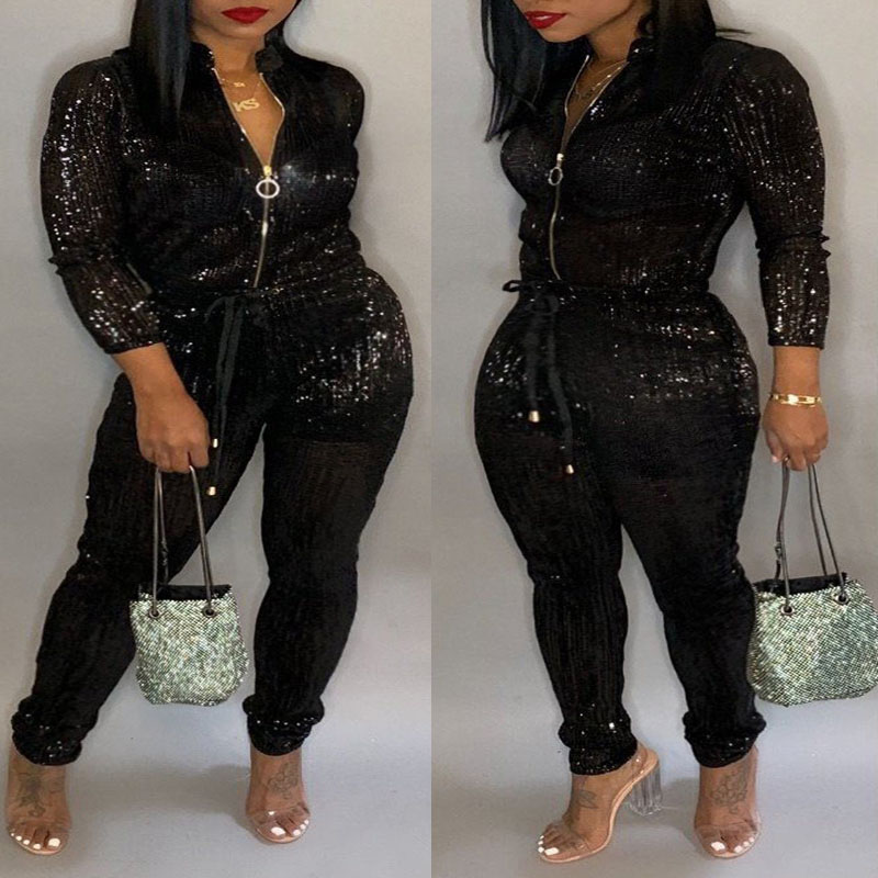 

Lovely Stylish Sequined Black Plus Size One-piece Jumpsuit