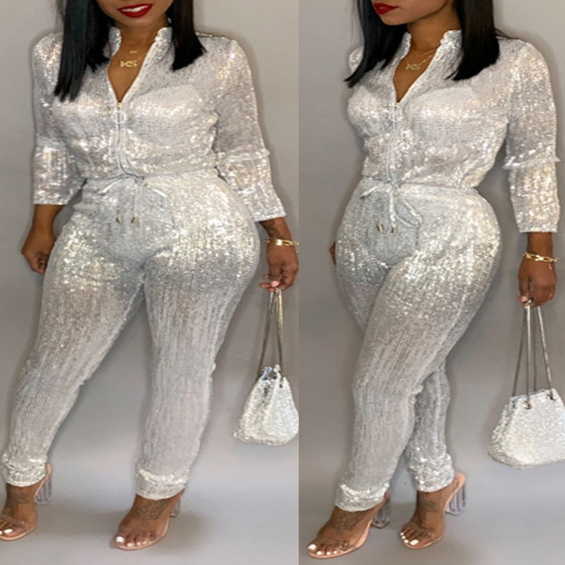 Lovely Stylish Sequined Silver Plus Size One-piece Jumpsuit_Plus Size ...