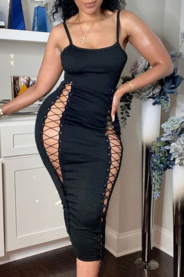 

Lovely Sexy Bandage Design Black Mid Calf Dress