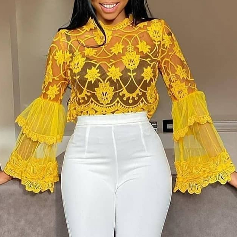 

Lovely Trendy See-through Yellow Blouse