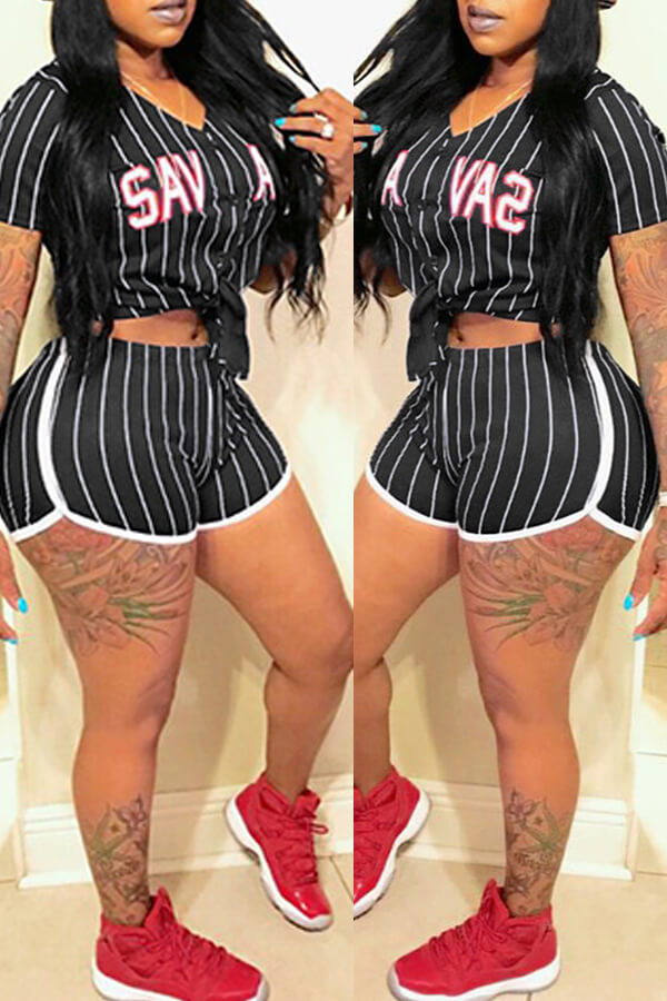 

LW Striped Letter Print Shorts Set, Black