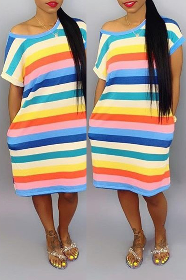 

Lovely Leisure Striped Blue Knee Length Dress