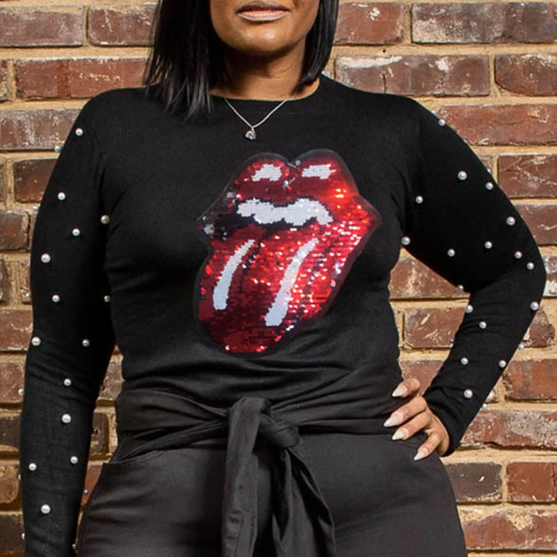 Lovely Casual O Neck Lip Black Plus Size T-shirt