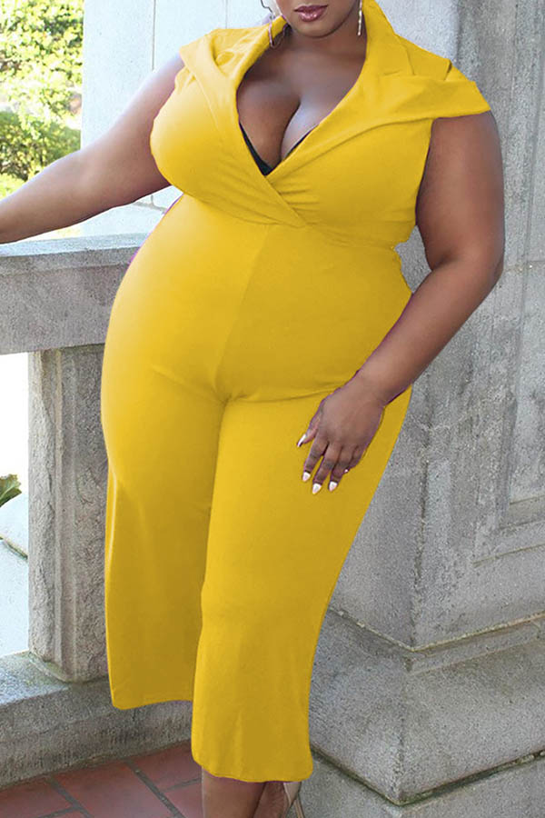 

Lovely Casual Deep V Neck Yellow Plus Size One-piece Jumpsuit