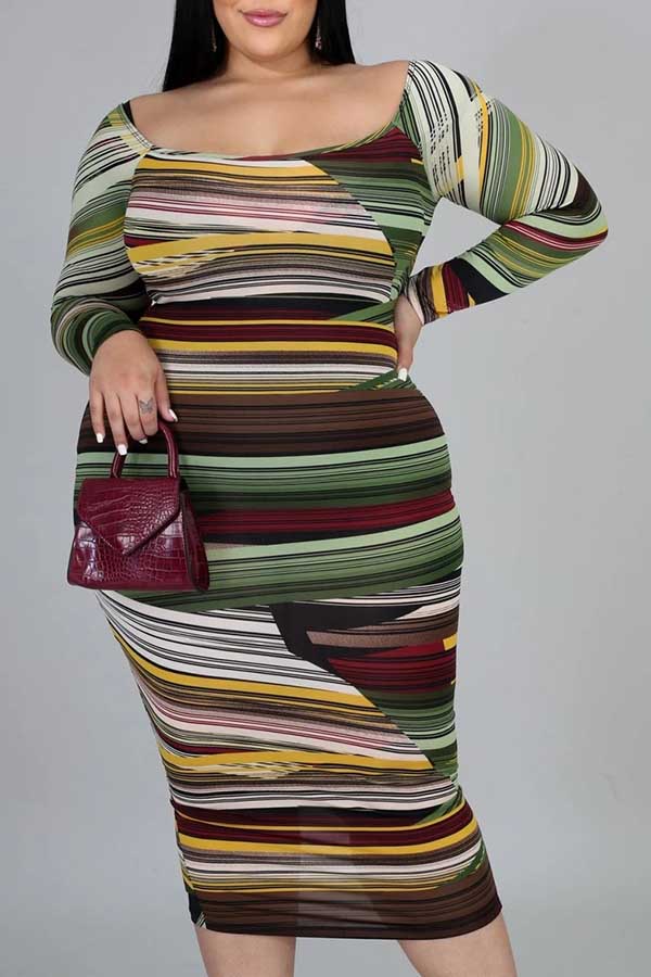 

Lovely Casual Print Multicolor Mid Calf Plus Size Dress, Multicolor mstn