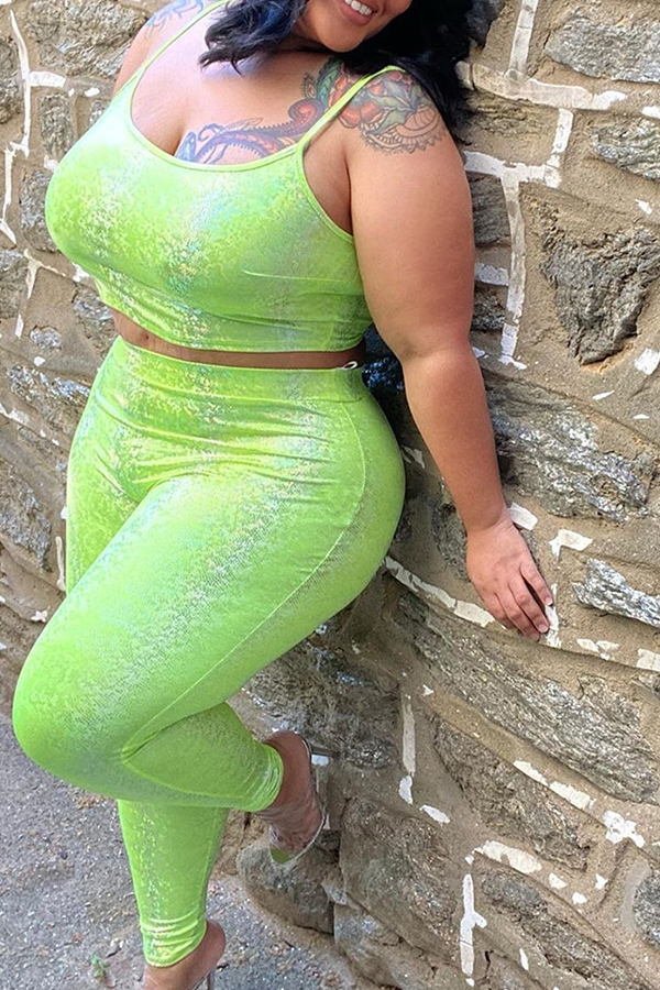 

Lovely Casual Print Green Plus Size Two-piece Shorts Set