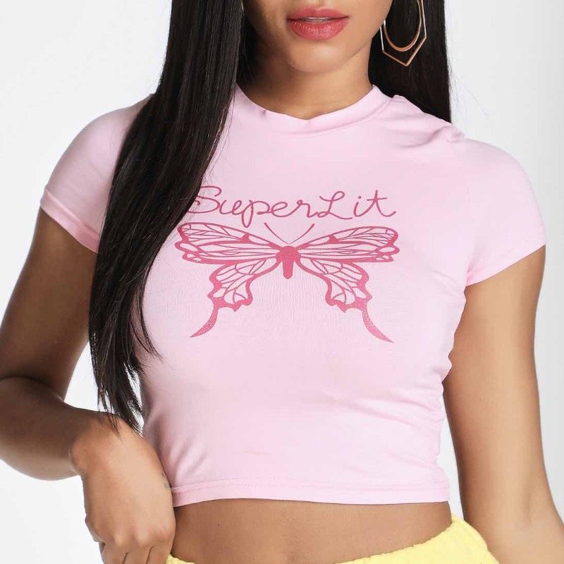 

Lovely Casual O Neck Print Pink T-shirt