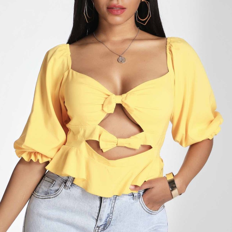 

Lovely Sweet Hollow-out Yellow Blouse