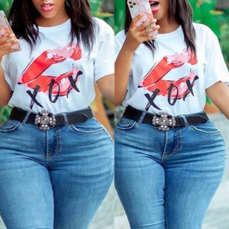 

Lovely Casual Lip Print White Plus Size T-shirt