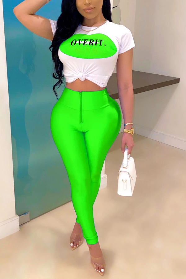 

Lovely Leisure Print Green Two-piece Pants Set