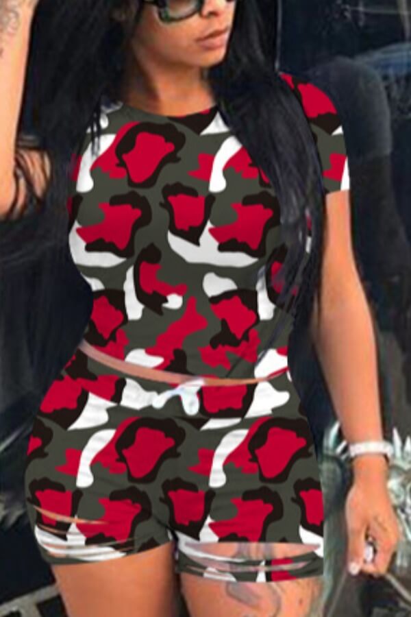 

Lovely Casual Print Red Two-piece Shorts Set