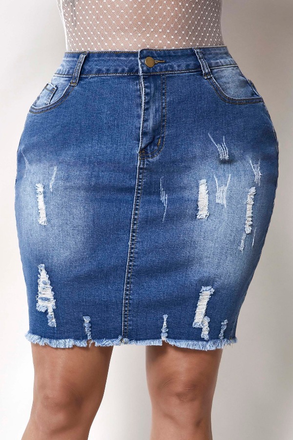 

Lovely Casual Broken Holes Blue Skirt